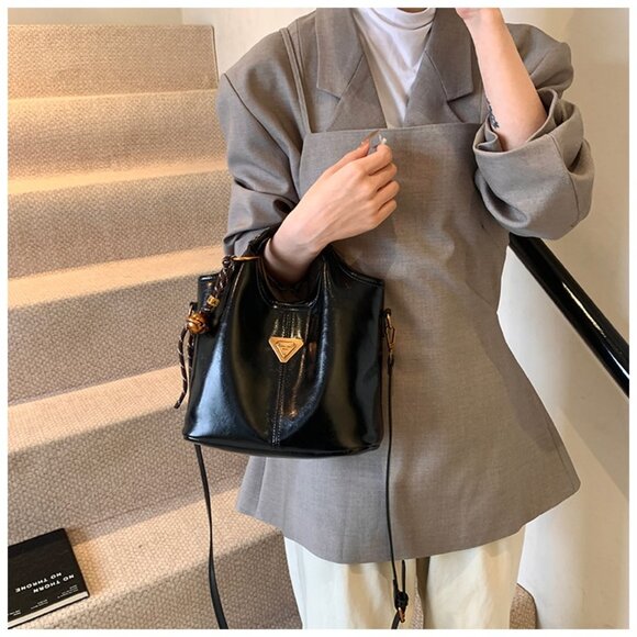 Patent Faux Leather Slouchy Mini Tote Bag /Multiple colors available - Picture 10 of 13